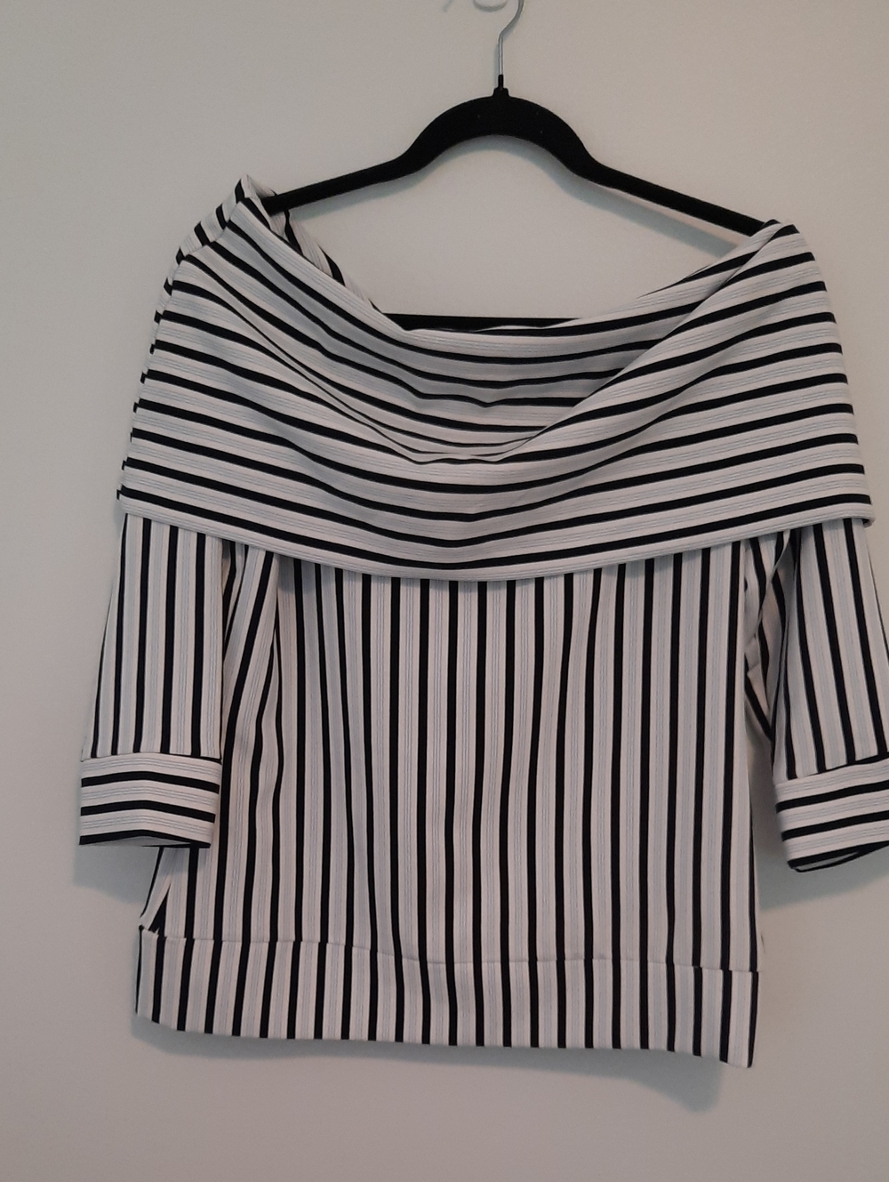 Black, White & Pale Blue Striped Off-Shoulder Top, 3/4 Sleeves